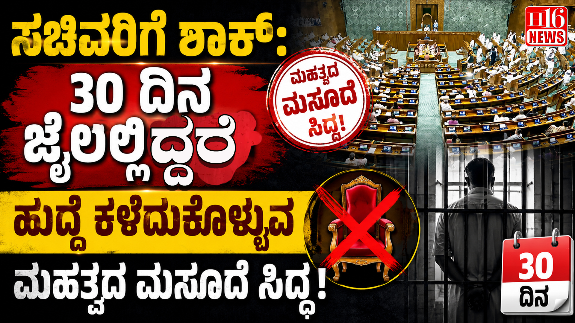 ಸಚಿವರಿಗೆ ಶಾಕ್: 30 ದಿನ ಜೈಲಲ್ಲಿದ್ದರೆ ಹುದ್ದೆ ಕಳೆದುಕೊಳ್ಳುವ ಮಹತ್ವದ ಮಸೂದೆ ಸಿದ್ದ!